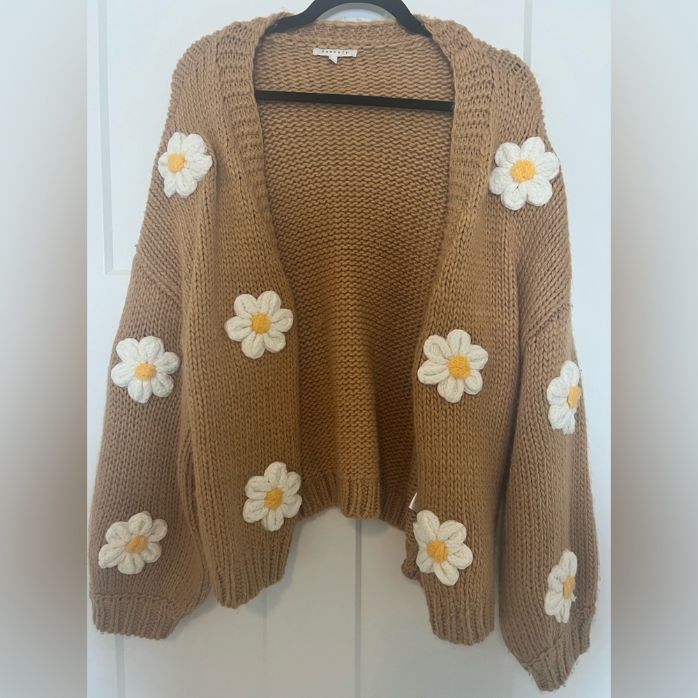 Charming Tan Daisy Knit Cardigan